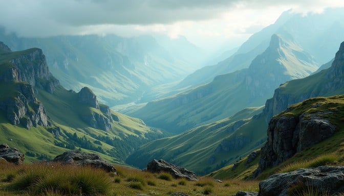 Mountain valley with soft mist
